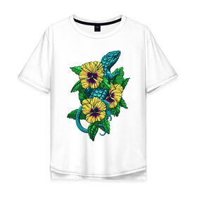 Мужская футболка хлопок Oversize с принтом Ящерка в Екатеринбурге, 100% хлопок | свободный крой, круглый ворот, “спинка” длиннее передней части | цветы | ящерица