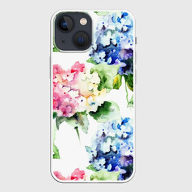 Чехол для iPhone 13 mini с принтом Акварель, гортензии в Екатеринбурге,  |  | art | blue | bouquet | flora | flowers | hydrangea | indoor | leaves | lilac | nature | painting | petals | pink | watercolor | акварель | букет | гортензии | живопись | искусство | комнатные | лепестки | листья | природа | розовые | синий | сиреневые | ф