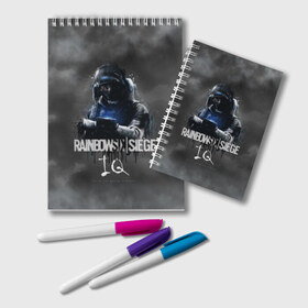 Блокнот с принтом IQ Rainbow Six в Екатеринбурге, 100% бумага | 48 листов, плотность листов — 60 г/м2, плотность картонной обложки — 250 г/м2. Листы скреплены удобной пружинной спиралью. Цвет линий — светло-серый
 | Тематика изображения на принте: gameplay | mozzie | pvp | r6 | r6s | siege | герой | дым | огонь | осада | пламя | радуга | снайпер | сражения | туман | шутер