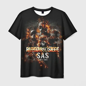 Мужская футболка 3D с принтом SAS : Rainbow Six в Екатеринбурге, 100% полиэфир | прямой крой, круглый вырез горловины, длина до линии бедер | gameplay | mozzie | pvp | r6 | r6s | siege | герой | дым | огонь | осада | пламя | радуга | снайпер | сражения | туман | шутер