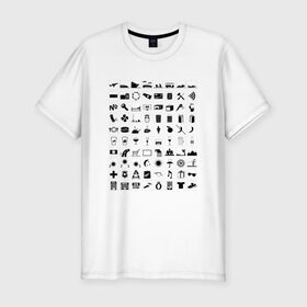 Мужская футболка премиум с принтом 80 знаков для общения в Екатеринбурге, 92% хлопок, 8% лайкра | приталенный силуэт, круглый вырез ворота, длина до линии бедра, короткий рукав | iconspeak | знание языков | объяснить на пальцах | пиктограммы значки travellers tshirt | понять иностранца | понять собеседника | путешествия | туризм | языковой барьер