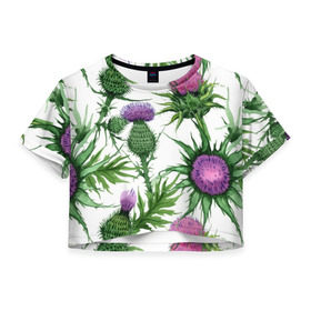 Женская футболка Cropp-top с принтом Цветок репейника в Екатеринбурге, 100% полиэстер | круглая горловина, длина футболки до линии талии, рукава с отворотами | акварель | мода | стиль | цветочки | цветы
