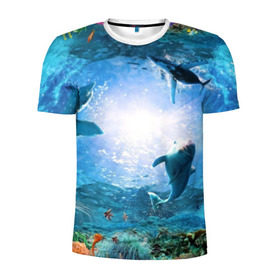 Мужская футболка 3D спортивная с принтом Дельфины в Екатеринбурге, 100% полиэстер с улучшенными характеристиками | приталенный силуэт, круглая горловина, широкие плечи, сужается к линии бедра | fish | аква | аквариум | вода | кораллы | море | океан | ракушки | рыбки | рыбы