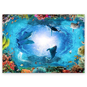 Поздравительная открытка с принтом Дельфины в Екатеринбурге, 100% бумага | плотность бумаги 280 г/м2, матовая, на обратной стороне линовка и место для марки
 | fish | аква | аквариум | вода | кораллы | море | океан | ракушки | рыбки | рыбы