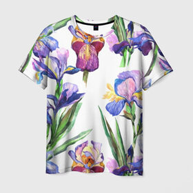 Мужская футболка 3D с принтом Ирисы в Екатеринбурге, 100% полиэфир | прямой крой, круглый вырез горловины, длина до линии бедер | Тематика изображения на принте: акварель | мода | стиль | цветочки | цветы