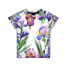 Детская футболка 3D с принтом Ирисы в Екатеринбурге, 100% гипоаллергенный полиэфир | прямой крой, круглый вырез горловины, длина до линии бедер, чуть спущенное плечо, ткань немного тянется | акварель | мода | стиль | цветочки | цветы