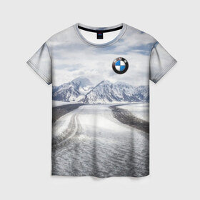Женская футболка 3D с принтом BMW в Екатеринбурге, 100% полиэфир ( синтетическое хлопкоподобное полотно) | прямой крой, круглый вырез горловины, длина до линии бедер | bmw | clouds | ice | mountains | prestige | road | sky | snow | бмв | горы | дорога | лед | небо | облака | престиж | снег