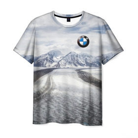 Мужская футболка 3D с принтом BMW в Екатеринбурге, 100% полиэфир | прямой крой, круглый вырез горловины, длина до линии бедер | bmw | clouds | ice | mountains | prestige | road | sky | snow | бмв | горы | дорога | лед | небо | облака | престиж | снег