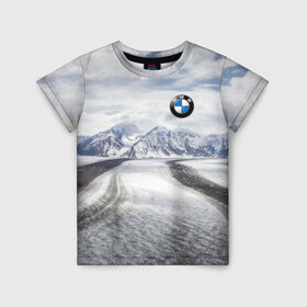Детская футболка 3D с принтом BMW в Екатеринбурге, 100% гипоаллергенный полиэфир | прямой крой, круглый вырез горловины, длина до линии бедер, чуть спущенное плечо, ткань немного тянется | bmw | clouds | ice | mountains | prestige | road | sky | snow | бмв | горы | дорога | лед | небо | облака | престиж | снег