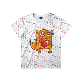 Детская футболка 3D с принтом Влюбленная лисичка в Екатеринбурге, 100% гипоаллергенный полиэфир | прямой крой, круглый вырез горловины, длина до линии бедер, чуть спущенное плечо, ткань немного тянется | fox | foxed | арт | лис | лиса | лисенок | лисичка | пушистик | рыжая | рыжмй хвост