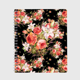 Тетрадь с принтом Лилии и розы в Екатеринбурге, 100% бумага | 48 листов, плотность листов — 60 г/м2, плотность картонной обложки — 250 г/м2. Листы скреплены сбоку удобной пружинной спиралью. Уголки страниц и обложки скругленные. Цвет линий — светло-серый
 | Тематика изображения на принте: art | bouquet | field | flowers | leaves | lilies | painting | pattern | petals | roses | stems | watercolor | акварель | букет | живопись | искусство | лепестки | лилии | листья | полевые | розы | узор | цветы