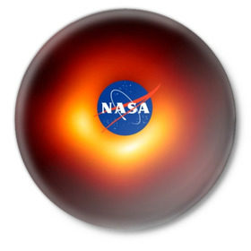 Значок с принтом Черная дыра NASA в Екатеринбурге,  металл | круглая форма, металлическая застежка в виде булавки | nasa | астрономия | горизонт событий | космос | наса | черная дыра