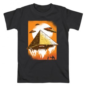 Мужская футболка хлопок с принтом Пришельцы и Пирамида в Екатеринбурге, 100% хлопок | прямой крой, круглый вырез горловины, длина до линии бедер, слегка спущенное плечо. | 