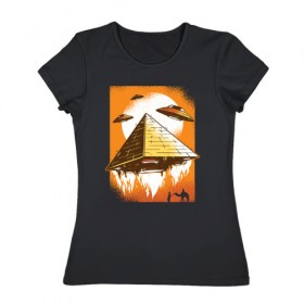 Женская футболка хлопок с принтом Пришельцы и Пирамида в Екатеринбурге, 100% хлопок | прямой крой, круглый вырез горловины, длина до линии бедер, слегка спущенное плечо | 