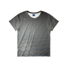 Детская футболка 3D с принтом СТАЛЬНЫЕ ГРАНИ в Екатеринбурге, 100% гипоаллергенный полиэфир | прямой крой, круглый вырез горловины, длина до линии бедер, чуть спущенное плечо, ткань немного тянется | abstraction | geometry | hexagon | techno | абстракция | броня | геометрия | краски | неон | неоновый | сетка | соты | стальная броня | текстура | шестигранники