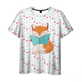 Мужская футболка 3D с принтом Лиса с книжкой в Екатеринбурге, 100% полиэфир | прямой крой, круглый вырез горловины, длина до линии бедер | fox | foxed | арт | лис | лиса | лисенок | лисичка | пушистик | рыжая | рыжмй хвост