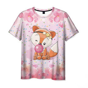 Мужская футболка 3D с принтом Милая лисичка с жвачкой в Екатеринбурге, 100% полиэфир | прямой крой, круглый вырез горловины, длина до линии бедер | fox | foxed | арт | лис | лиса | лисенок | лисичка | пушистик | рыжая | рыжмй хвост