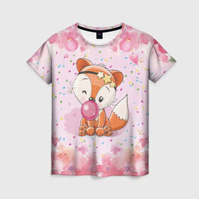 Женская футболка 3D с принтом Милая лисичка с жвачкой в Екатеринбурге, 100% полиэфир ( синтетическое хлопкоподобное полотно) | прямой крой, круглый вырез горловины, длина до линии бедер | fox | foxed | арт | лис | лиса | лисенок | лисичка | пушистик | рыжая | рыжмй хвост