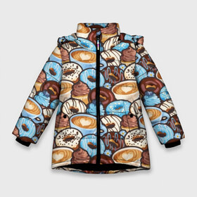 Зимняя куртка для девочек 3D с принтом Пончики и кофе в Екатеринбурге, ткань верха — 100% полиэстер; подклад — 100% полиэстер, утеплитель — 100% полиэстер. | длина ниже бедра, удлиненная спинка, воротник стойка и отстегивающийся капюшон. Есть боковые карманы с листочкой на кнопках, утяжки по низу изделия и внутренний карман на молнии. 

Предусмотрены светоотражающий принт на спинке, радужный светоотражающий элемент на пуллере молнии и на резинке для утяжки. | Тематика изображения на принте: art | berries | blue | blueberries | brown | cake | candy | chocolate | coffee | cup | donuts | gifts | heart | painting | sweets | живопись | искусство | конфеты | коричневые | кофе | пирожное | подарки | пончики | сердце | синие | сладости | чашка | чер