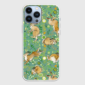 Чехол для iPhone 13 Pro Max с принтом Милые зайчата в Екатеринбурге,  |  | animals | art | cute | flowers | hares | hearts | meadow | painting | summer | watercolor | wild | акварель | дикие | живопись | животные | зайцы | искусство | лето | луг | любовь | милые | сердца | цветы