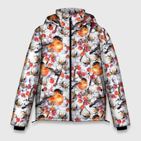 Мужская зимняя куртка 3D с принтом Снегири в Екатеринбурге, верх — 100% полиэстер; подкладка — 100% полиэстер; утеплитель — 100% полиэстер | длина ниже бедра, свободный силуэт Оверсайз. Есть воротник-стойка, отстегивающийся капюшон и ветрозащитная планка. 

Боковые карманы с листочкой на кнопках и внутренний карман на молнии. | Тематика изображения на принте: art | berries | bullfinch | cocoons | cotton | nature | painting | plants | red | watercolor | winter birds | акварель | живопись | зимние | искусство | коконы | красные | природа | птицы | растения | снегири | хлопок | ягоды