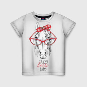 Детская футболка 3D с принтом Crazy horse lady в Екатеринбурге, 100% гипоаллергенный полиэфир | прямой крой, круглый вырез горловины, длина до линии бедер, чуть спущенное плечо, ткань немного тянется | animal | blonde | bow | crazy | cute | head | horse | lady | look | polka | portrait | red | white | бант | белая | белый | блондинка | взгляд | голова | горошек | животное | красный | леди | лошадь | милый | очки | портрет | сумасшедшая