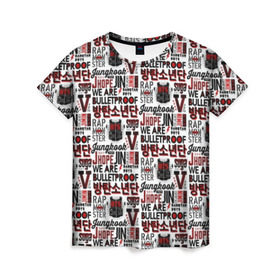Женская футболка 3D с принтом BTS Pop art в Екатеринбурге, 100% полиэфир ( синтетическое хлопкоподобное полотно) | прямой крой, круглый вырез горловины, длина до линии бедер | bangtan | boy | j hope | jimin | jin | jungkook | korea | luv | rm | suga | v | with | бтс | кей | поп
