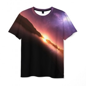 Мужская футболка 3D с принтом Космический закат в Екатеринбурге, 100% полиэфир | прямой крой, круглый вырез горловины, длина до линии бедер | Тематика изображения на принте: galaxy | nebula | space | star | абстракция | вселенная | галактика | звезда | звезды | космический | планеты