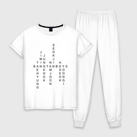Женская пижама хлопок с принтом BTS TEAM в Екатеринбурге, 100% хлопок | брюки и футболка прямого кроя, без карманов, на брюках мягкая резинка на поясе и по низу штанин | bangtan boys | bt21 | bts | bts army | bts stickers | j hope | jimin | jin | jungkook | k pop | rap monster | rapmon | suga | v | бтс | корея | стикеры bts
