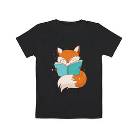 Детская футболка хлопок с принтом Лиса с книжкой в Екатеринбурге, 100% хлопок | круглый вырез горловины, полуприлегающий силуэт, длина до линии бедер | fox | foxed | арт | лис | лиса | лисенок | лисичка | пушистик | рыжая | рыжмй хвост