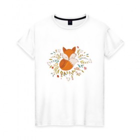 Женская футболка хлопок с принтом Лиса в цветах в Екатеринбурге, 100% хлопок | прямой крой, круглый вырез горловины, длина до линии бедер, слегка спущенное плечо | fox | foxed | арт | лис | лиса | лисенок | лисичка | пушистик | рыжая | рыжмй хвост