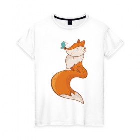 Женская футболка хлопок с принтом Лисичка и бабочка в Екатеринбурге, 100% хлопок | прямой крой, круглый вырез горловины, длина до линии бедер, слегка спущенное плечо | fox | foxed | арт | лис | лиса | лисенок | лисичка | пушистик | рыжая | рыжмй хвост