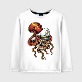 Детский лонгслив хлопок с принтом Осьминог в Екатеринбурге, 100% хлопок | круглый вырез горловины, полуприлегающий силуэт, длина до линии бедер | Тематика изображения на принте: anchor | octopus | peaked cap | skull | осьминог | фуражка | череп | якорь