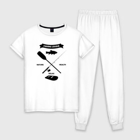 Женская пижама хлопок с принтом лига рыбалки в Екатеринбурге, 100% хлопок | брюки и футболка прямого кроя, без карманов, на брюках мягкая резинка на поясе и по низу штанин | прикольная футболка рыбалка | футболка рыбалка купить | футболки +для рыбалки | футболки +с надписями про рыбалку | футболки мужские рыбалка | футболки про рыбалку