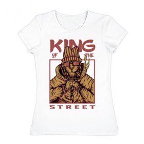 Женская футболка хлопок с принтом King of the street в Екатеринбурге, 100% хлопок | прямой крой, круглый вырез горловины, длина до линии бедер, слегка спущенное плечо | king | животные | звери | король | король улиц | кот | кошка | кошки | лев | природа | улица