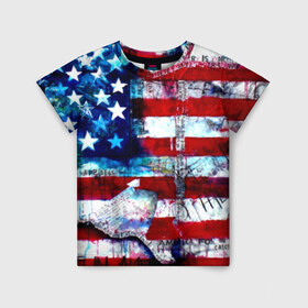 Детская футболка 3D с принтом АМЕРИКА в Екатеринбурге, 100% гипоаллергенный полиэфир | прямой крой, круглый вырез горловины, длина до линии бедер, чуть спущенное плечо, ткань немного тянется | Тематика изображения на принте: usa | абстракция | америка | американский | герб | звезды | краска | символика сша | страны | сша | флаг | штаты
