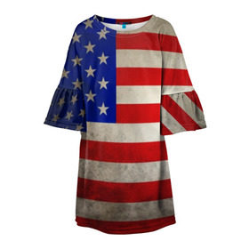 Детское платье 3D с принтом Американский флаг в Екатеринбурге, 100% полиэстер | прямой силуэт, чуть расширенный к низу. Круглая горловина, на рукавах — воланы | Тематика изображения на принте: usa | абстракция | америка | американский | герб | звезды | краска | символика сша | страны | сша | флаг | штаты