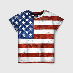 Детская футболка 3D с принтом США ФЛАГ в Екатеринбурге, 100% гипоаллергенный полиэфир | прямой крой, круглый вырез горловины, длина до линии бедер, чуть спущенное плечо, ткань немного тянется | Тематика изображения на принте: usa | абстракция | америка | американский | герб | звезды | краска | символика сша | страны | сша | флаг | штаты