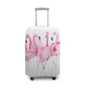 Чехол для чемодана 3D с принтом Фламинго в Екатеринбурге, 86% полиэфир, 14% спандекс | двустороннее нанесение принта, прорези для ручек и колес | art | birds | flamingo | flock | illustration | pink | summer | watercolor | акварель | иллюстрация | искусство | лето | птицы | розовый | стая | фламинго
