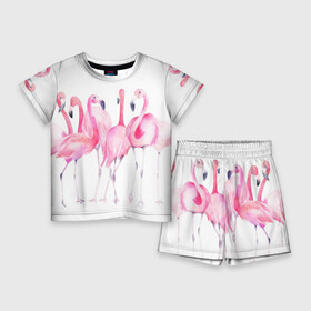 Детский костюм с шортами 3D с принтом Фламинго в Екатеринбурге,  |  | art | birds | flamingo | flock | illustration | pink | summer | watercolor | акварель | иллюстрация | искусство | лето | птицы | розовый | стая | фламинго
