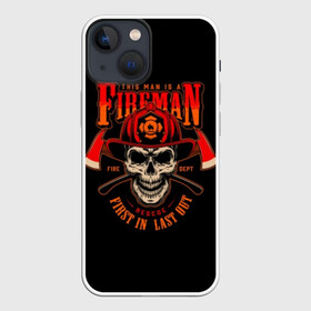 Чехол для iPhone 13 mini с принтом Пожарный в Екатеринбурге,  |  | axes | crossed | emblem | fire | fireman | helmet | red | retro | skull | vintage | каска | красные | огонь | пожарный | рэтро | скрещенные | старинная | топоры | череп | эмблема