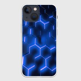 Чехол для iPhone 13 mini с принтом НЕОНОВАЯ БРОНЯ в Екатеринбурге,  |  | abstraction | cyber | cyberpunk | future | geometry | hexagon | steel | techno | texture | абстракция | броня | геометрия | защита | кибер | краски | неон | неоновый | сетка | соты | сталь | стальная броня | текстура | шестигранники