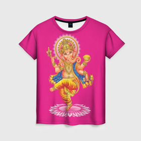 Женская футболка 3D с принтом Ганеша в Екатеринбурге, 100% полиэфир ( синтетическое хлопкоподобное полотно) | прямой крой, круглый вырез горловины, длина до линии бедер | Тематика изображения на принте: character | deity | elephant | four | ganesh | god | gold | hands | head | hinduism | jewel | jewels | lord | ornament | pattern | well being | wisdom | благополучие | бог | божество | владыка | ганеша | голова | драгоценности | золото | индуизм | мудрост
