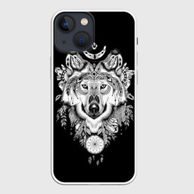 Чехол для iPhone 13 mini с принтом Ацтекский волк в Екатеринбурге,  |  | animal | art | aztec | black and white | ca | crystals | dreams | feathers | graphics | head | look | muzzle | ornament | patterns | predator | style | wild | wolf | взгляд | волк | голова | графика | дикий | животное | искусство | кристаллы | ловец | мор