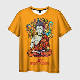 Мужская футболка 3D с принтом Happy Buddha Purnima в Екатеринбурге, 100% полиэфир | прямой крой, круглый вырез горловины, длина до линии бедер | buddha | golden | happy | indian | kesa | lotus | monk | orange | ornament | pattern | pose | religion | shakyamuni | spiritual | te | будда | буддизм | духовный | золотой | индийский | кашая | кэса | лотос | оранжевый | орнамент | основатель | по