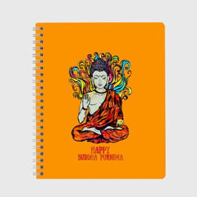 Тетрадь с принтом Happy Buddha Purnima в Екатеринбурге, 100% бумага | 48 листов, плотность листов — 60 г/м2, плотность картонной обложки — 250 г/м2. Листы скреплены сбоку удобной пружинной спиралью. Уголки страниц и обложки скругленные. Цвет линий — светло-серый
 | Тематика изображения на принте: buddha | golden | happy | indian | kesa | lotus | monk | orange | ornament | pattern | pose | religion | shakyamuni | spiritual | te | будда | буддизм | духовный | золотой | индийский | кашая | кэса | лотос | оранжевый | орнамент | основатель | по