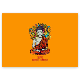 Поздравительная открытка с принтом Happy Buddha Purnima в Екатеринбурге, 100% бумага | плотность бумаги 280 г/м2, матовая, на обратной стороне линовка и место для марки
 | Тематика изображения на принте: buddha | golden | happy | indian | kesa | lotus | monk | orange | ornament | pattern | pose | religion | shakyamuni | spiritual | te | будда | буддизм | духовный | золотой | индийский | кашая | кэса | лотос | оранжевый | орнамент | основатель | по