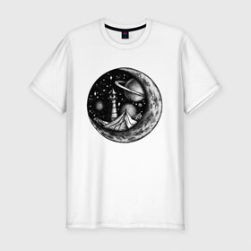 Мужская футболка премиум с принтом космос в Екатеринбурге, 92% хлопок, 8% лайкра | приталенный силуэт, круглый вырез ворота, длина до линии бедра, короткий рукав | астрономия | вселенная | галактика | графика | звезды | инопланетяне | космос | луна | нло