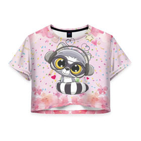 Женская футболка Cropp-top с принтом Енот меломан в Екатеринбурге, 100% полиэстер | круглая горловина, длина футболки до линии талии, рукава с отворотами | енот | енотик | забавный | зверек | лапки | милый | полосатый | пушистик | смешной | ушастик