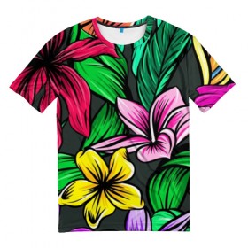 Мужская футболка 3D с принтом тропики в Екатеринбурге, 100% полиэфир | прямой крой, круглый вырез горловины, длина до линии бедер | джунгли | листья | цветы | яркость